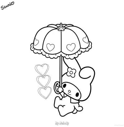 Free printable My Melody with Heart Umbrella Coloring Page - Romantic Kawaii coloring page
