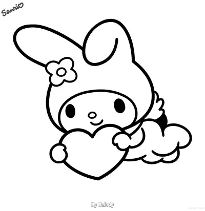 Free printable Printable My Melody with Heart and Cloud Coloring Page - Cute Kawaii coloring page