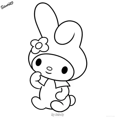 Free printable My Melody Sitting with Hand on Cheek Coloring Page - Soft Kawaii coloring page