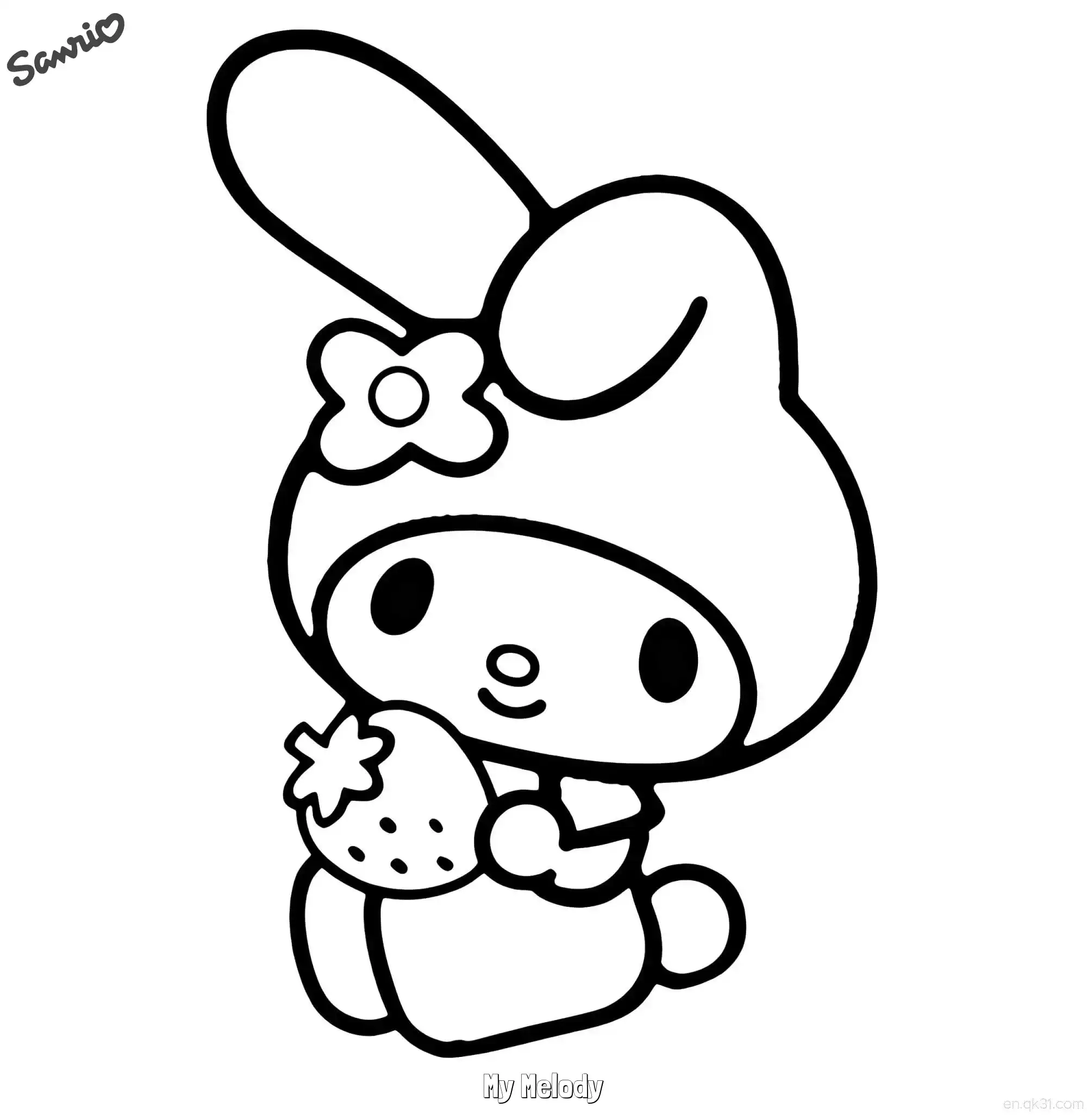 My Melody Holding a Strawberry Coloring Page - Sweet Kawaii Printable – Free Printable Coloring Page for Kids and Adults