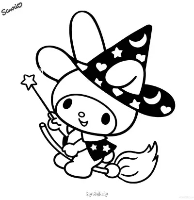 Free printable My Melody Black Halloween Witch Coloring Page - Mystical Kawaii coloring page