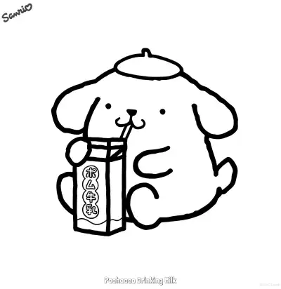 Free printable Pochacco Drinking Milk  Coloring Page - Free Printable Sanrio PDFS Coloring Sheets coloring page