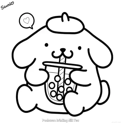 Free printable Pochacco Drinking Milk Tea  Coloring Page - Free Printable Sanrio PDFS Coloring Sheets coloring page
