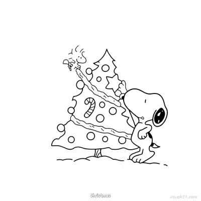 Free printable Snoopy Decorating Christmas Tree Coloring Page coloring page