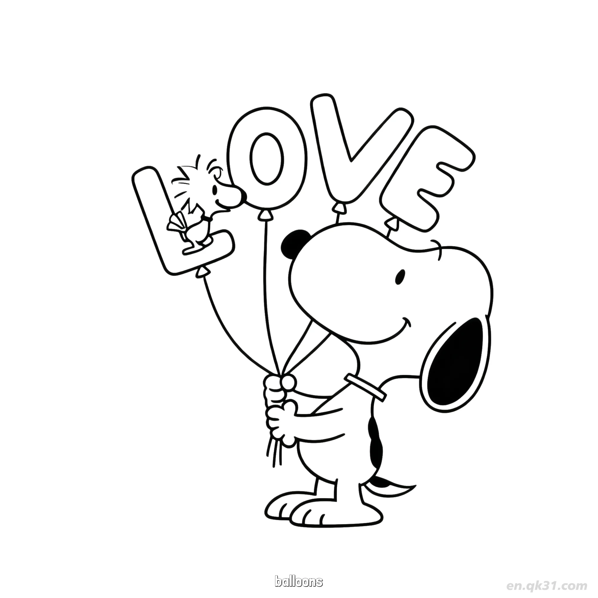 Snoopy Holding Love Balloons with Woodstock Coloring Page – Free Printable Coloring Page for Kids and Adults