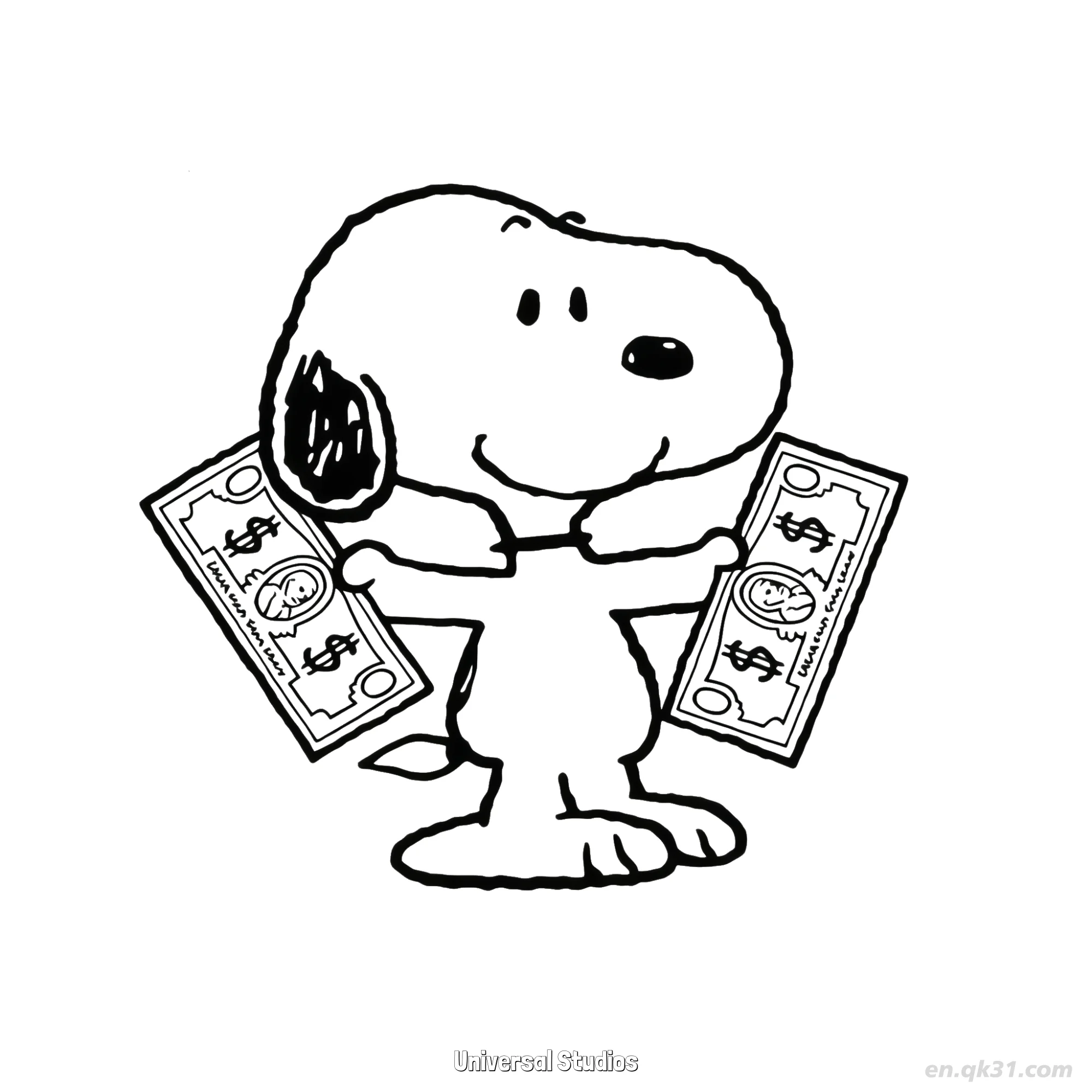 Snoopy Holding Universal Studios Dollars Coloring Page – Free Printable Coloring Page for Kids and Adults