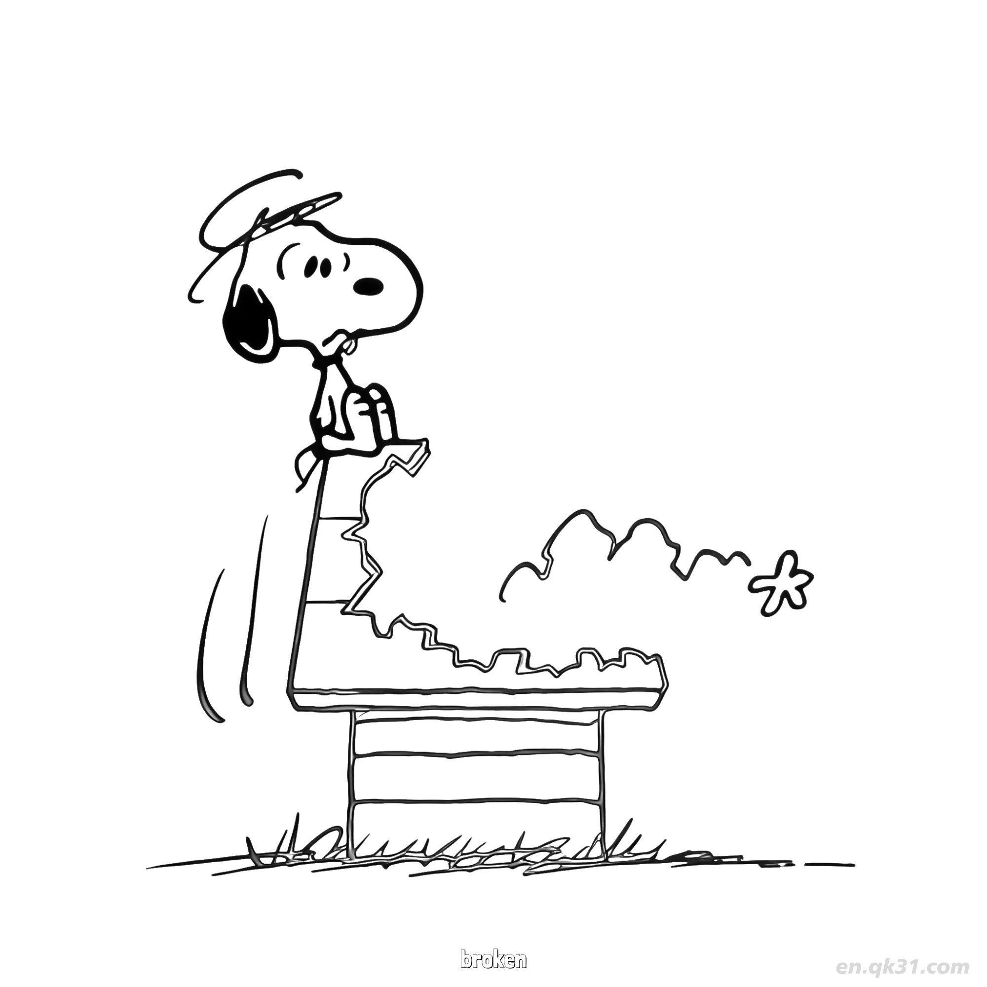 Snoopy on Broken Doghouse Coloring Page – Free Printable Coloring Page for Kids and Adults