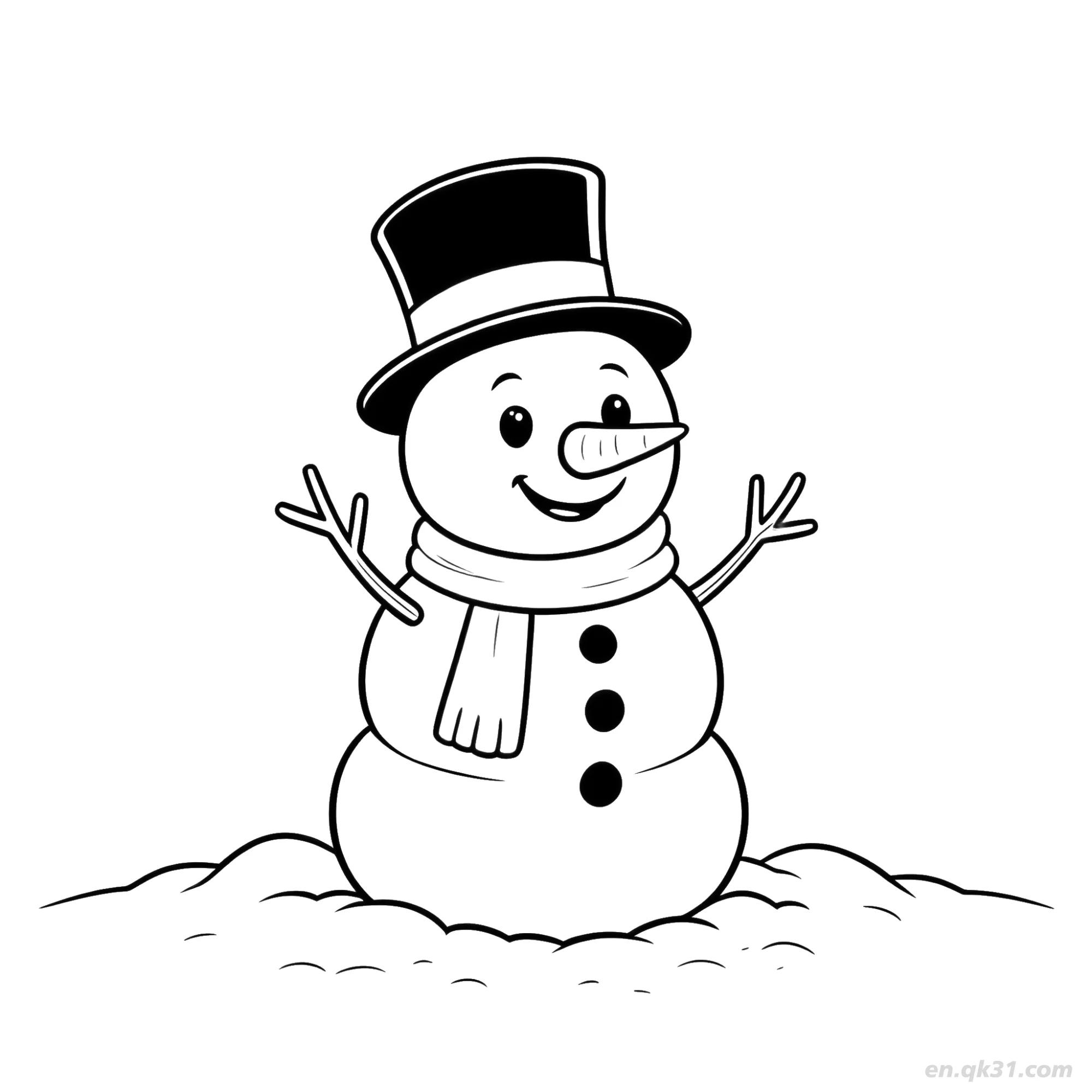 Smiling Snowman with Top Hat and Scarf Coloring Page – Free Printable Coloring Page for Kids and Adults