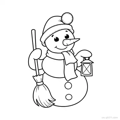Free printable Snowman with Lantern and Broom Coloring Page coloring page