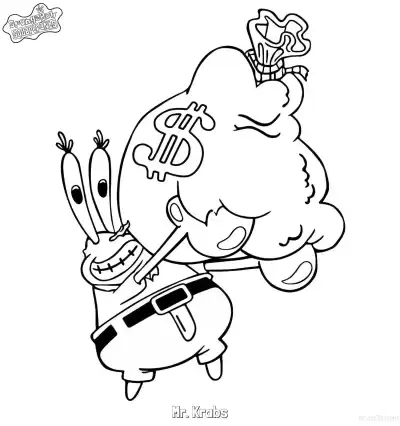 Free printable Mr. Krabs Hugging Money Bag SpongeBob Coloring Page coloring page