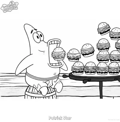 Free printable Patrick Star Eating Krabby Patties SpongeBob Coloring Page coloring page