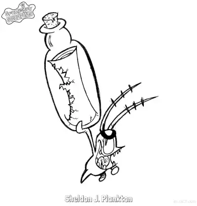 Free printable Sheldon J. Plankton Holding a Broken Bottle SpongeBob Coloring Page coloring page