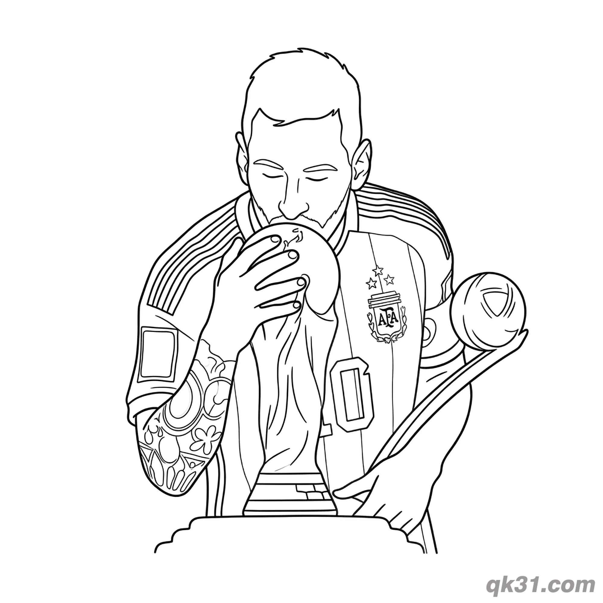 Lionel Messi Kissing World Cup Trophy Coloring Page – Free Printable Coloring Page for Kids and Adults
