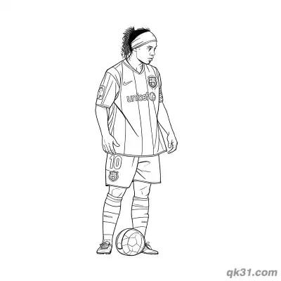 Free printable Ronaldinho in Barcelona Jersey Holding Soccer Ball Standing Coloring Sheet coloring page