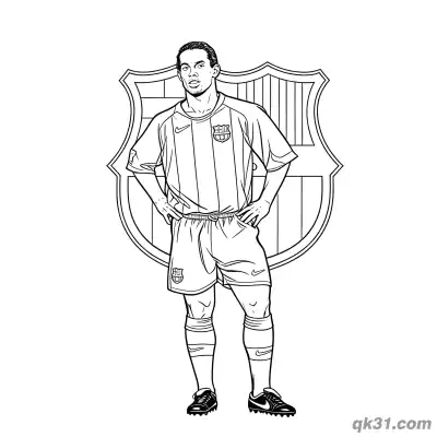Free printable Ronaldinho Standing with Hands on Hips in Front of Barcelona Crest Coloring Sheet coloring page