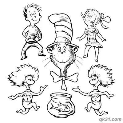 Free printable The Cat in the Hat Characters Set Coloring Book Page coloring page