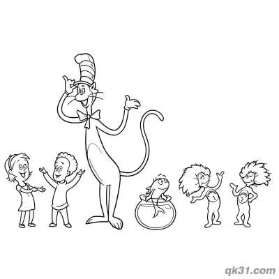 Free printable The Cat in the Hat with All Characters Coloring Sheet coloring page