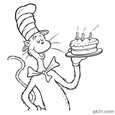 Free printable The Cat in the Hat with Birthday Cake Coloring Sheet coloring page