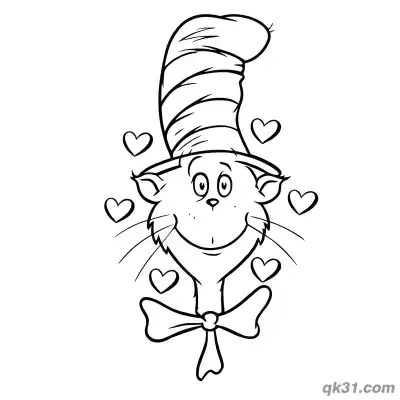 Free printable The Cat in the Hat with Hearts Coloring Page coloring page
