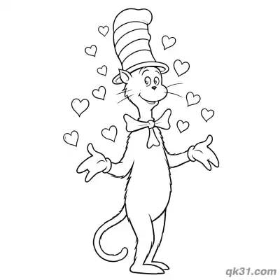 Free printable The Cat in the Hat with Hearts Coloring Sheet coloring page