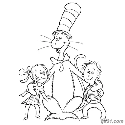 Free printable The Cat in the Hat with Kids Coloring Book Page coloring page