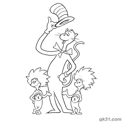 Free printable The Cat in the Hat with Thing 1 and Thing 2 Coloring Pages coloring page