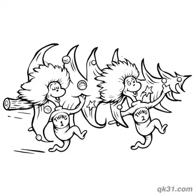 Free printable Thing 1 and Thing 2 Carrying Christmas Trees Coloring Page coloring page