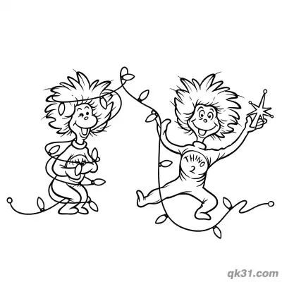 Free printable Thing 1 and Thing 2 with Christmas Lights Coloring Page coloring page