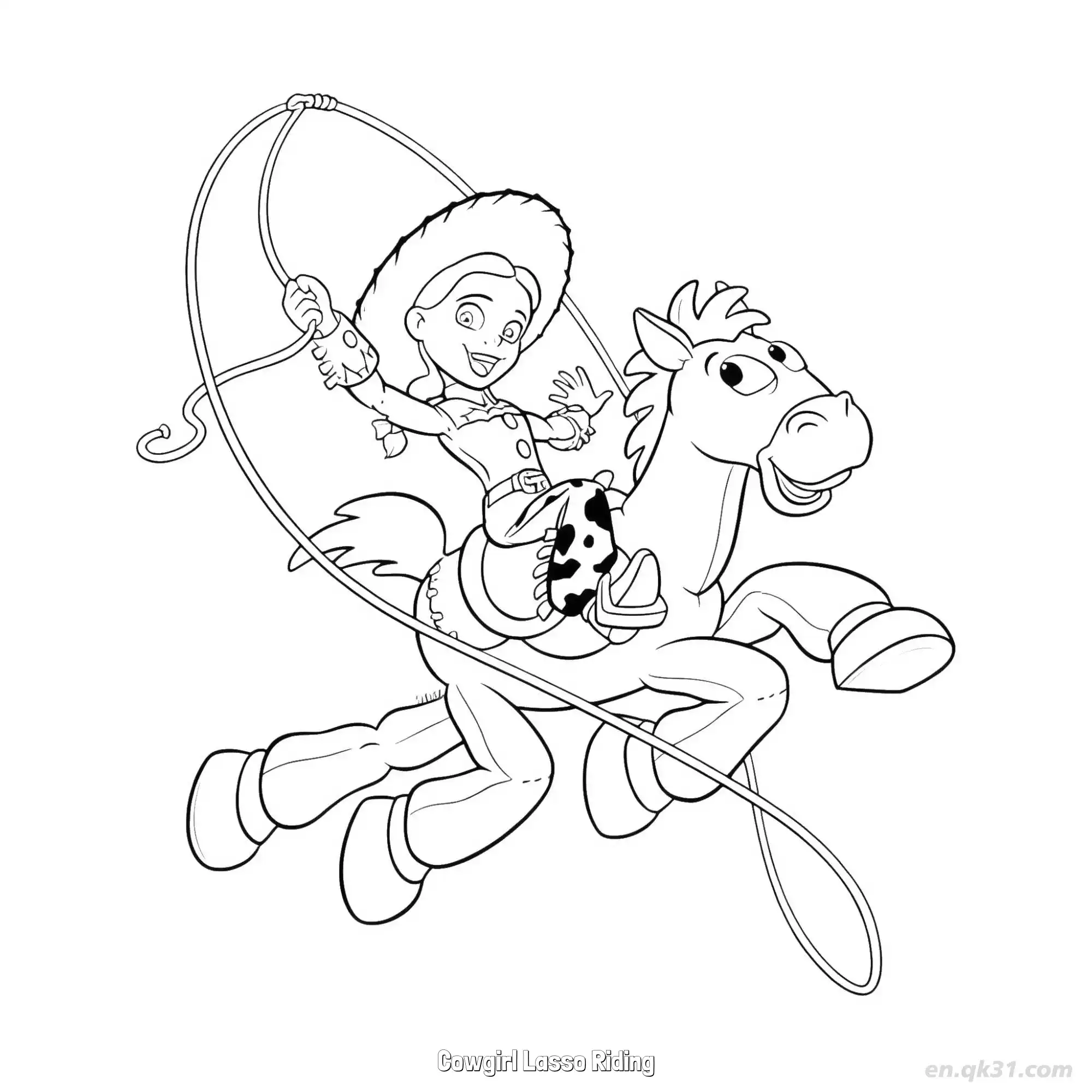 Cowgirl Lasso Riding  Coloring Page - Free Printable Toy Story PDF Coloring Sheets – Free Printable Coloring Page for Kids and Adults