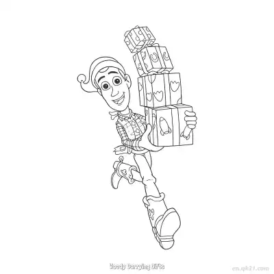 Free printable Woody Carrying Gifts  Coloring Page - Free PDF Printable Toy Story Coloring Sheets coloring page