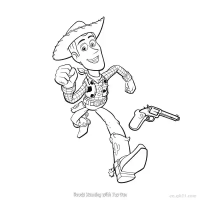 Free printable Woody Running with Toy Gun  Coloring Page - Free PDF Printable Toy Story Coloring Sheets coloring page