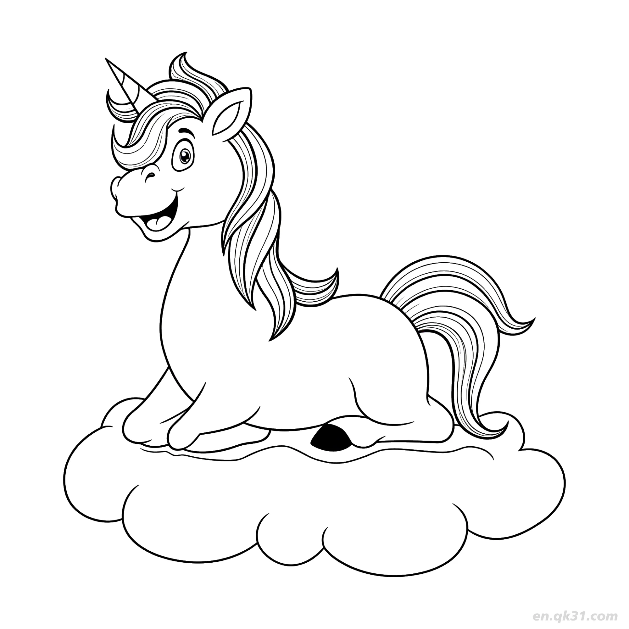 Smiling Lying on Cloud Unicorn Coloring Page – Free Printable Coloring Page for Kids and Adults