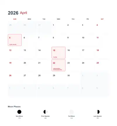 Free printable April 2026 US Calendar Printable coloring page