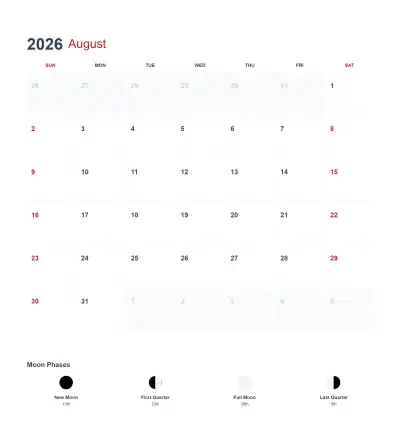 Free printable August 2026 US Calendar Printable coloring page