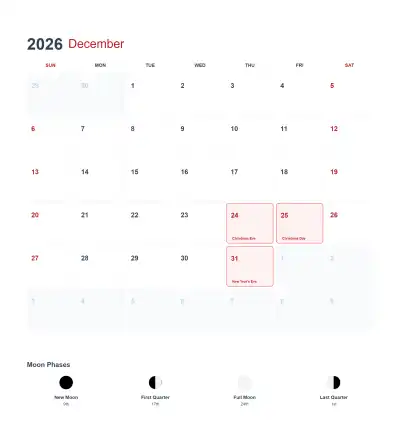Free printable December 2026 US Calendar Printable coloring page