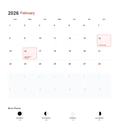 Free printable February 2026 US Calendar Printable coloring page