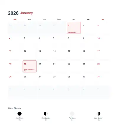 Free printable January 2026 US Calendar Printable coloring page