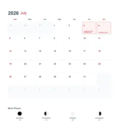 Free printable July 2026 US Calendar Printable coloring page
