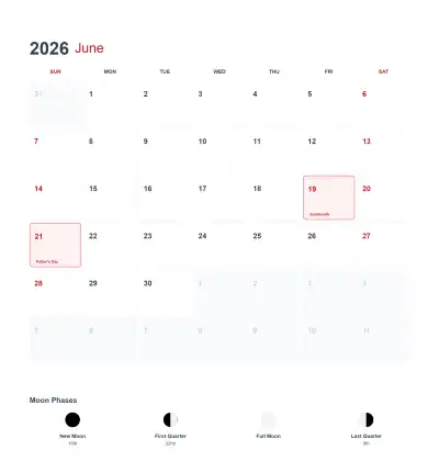 Free printable June 2026 US Calendar Printable coloring page
