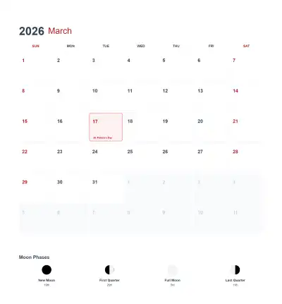 Free printable March 2026 US Calendar Printable coloring page