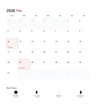Free printable May 2026 US Calendar Printable coloring page