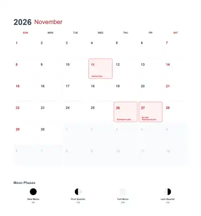 Free printable November 2026 US Calendar Printable coloring page