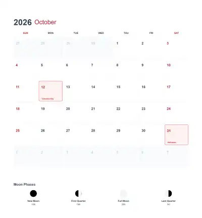 Free printable October 2026 US Calendar Printable coloring page