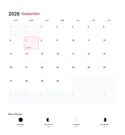 Free printable September 2026 US Calendar Printable coloring page