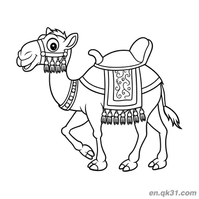 Free printable Cartoon Camel with Ornate Fringed Saddle and Bridle Coloring Page coloring page