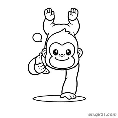 Free printable Gorilla Coloring with One Hand Handstand Gorilla Holding Banana coloring page