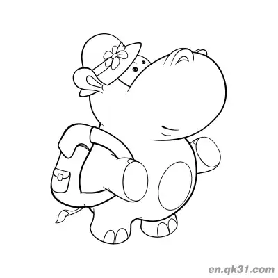 Free printable Hippo with Flower Hat and Backpack Coloring Page coloring page