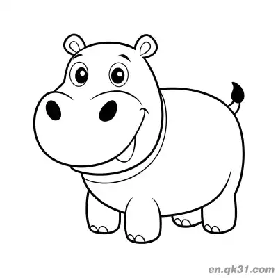 Free printable Cute Cartoon Hippo Standing with Ears Up Smiling Coloring Page coloring page