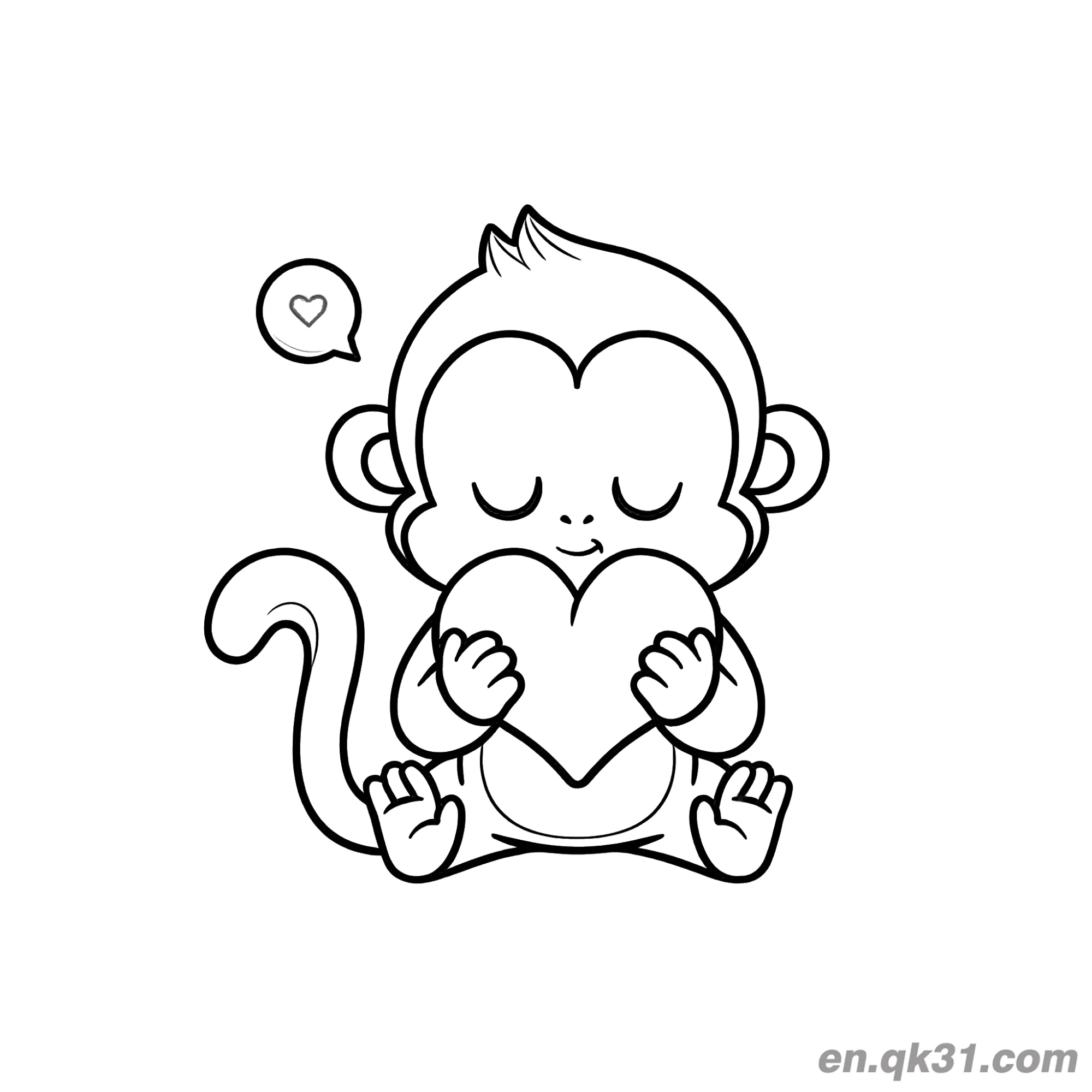 Cartoon Baby Monkey Holding a Heart and Meditating Coloring Page – Free Printable Coloring Page for Kids and Adults