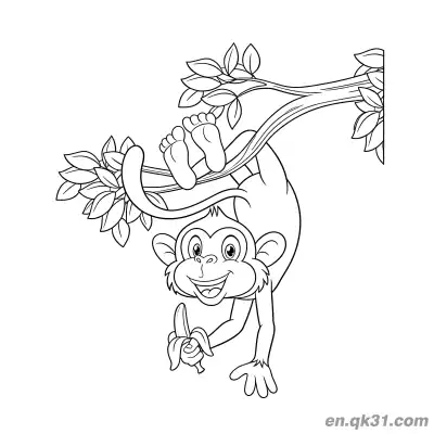 Free printable Cartoon Monkey Hanging Upside Down with a Banana Coloring Page coloring page